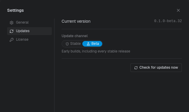 The Updates tab in Settings: current version, the Stable/Beta channel switch, and the check-now button