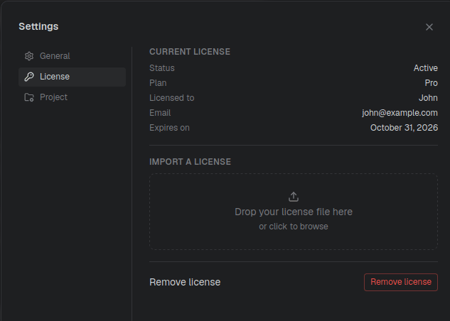 The License tab in Settings, with the drop zone and the details of an installed license