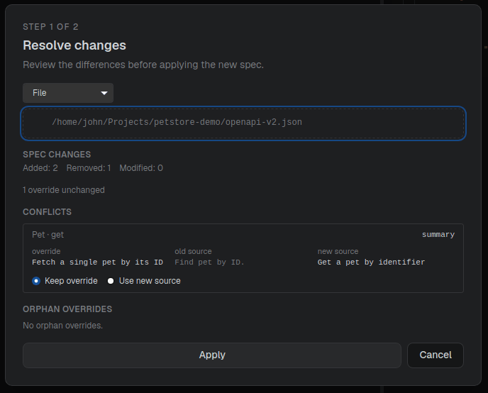 The reimport wizard showing the diff and conflict-resolution choices