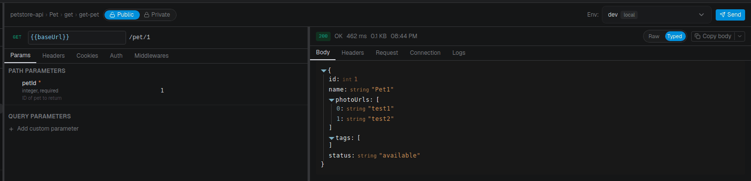 The request editor with the Params, Headers, Body, and Auth tabs and the response panel