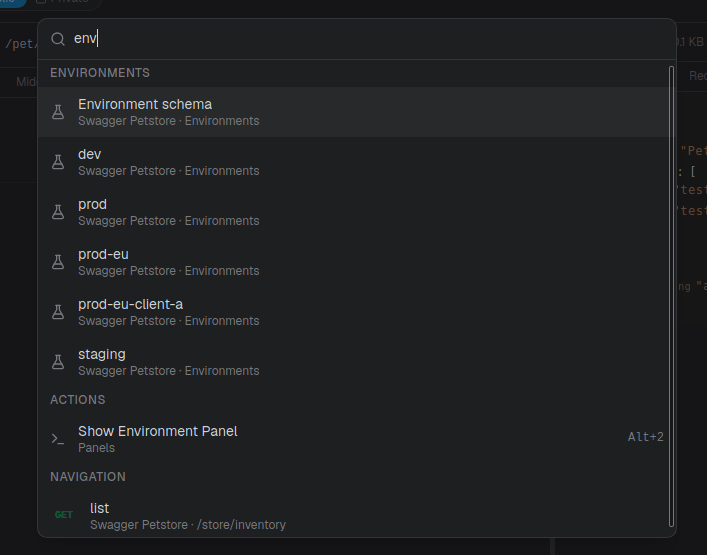 The command palette open, showing grouped navigation and action results
