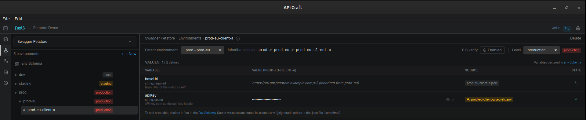 Environment list with stage badges, the inheritance chain, and per-variable source files