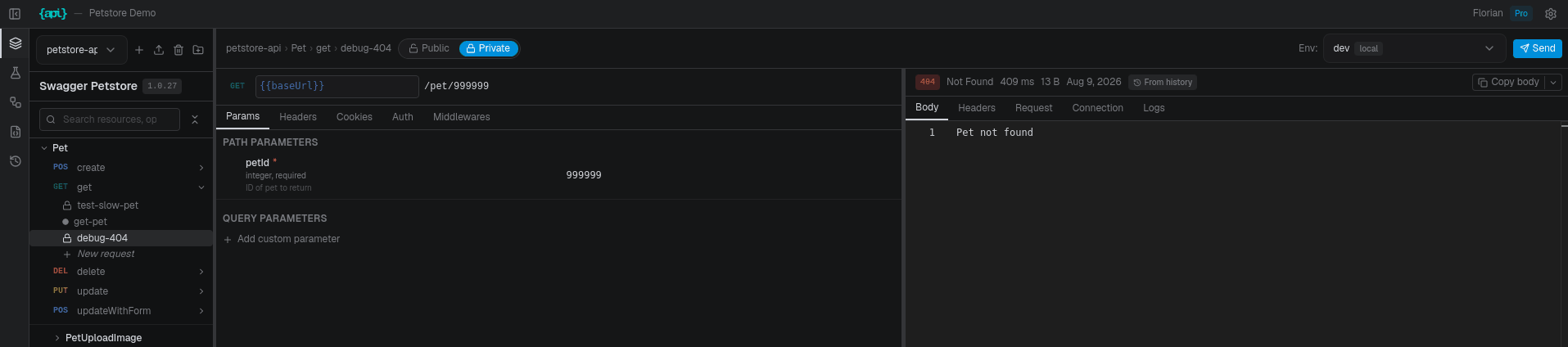 The get operation in the resource tree holding three request instances, one public and two private, with a private debug-404 request selected and its 404 response