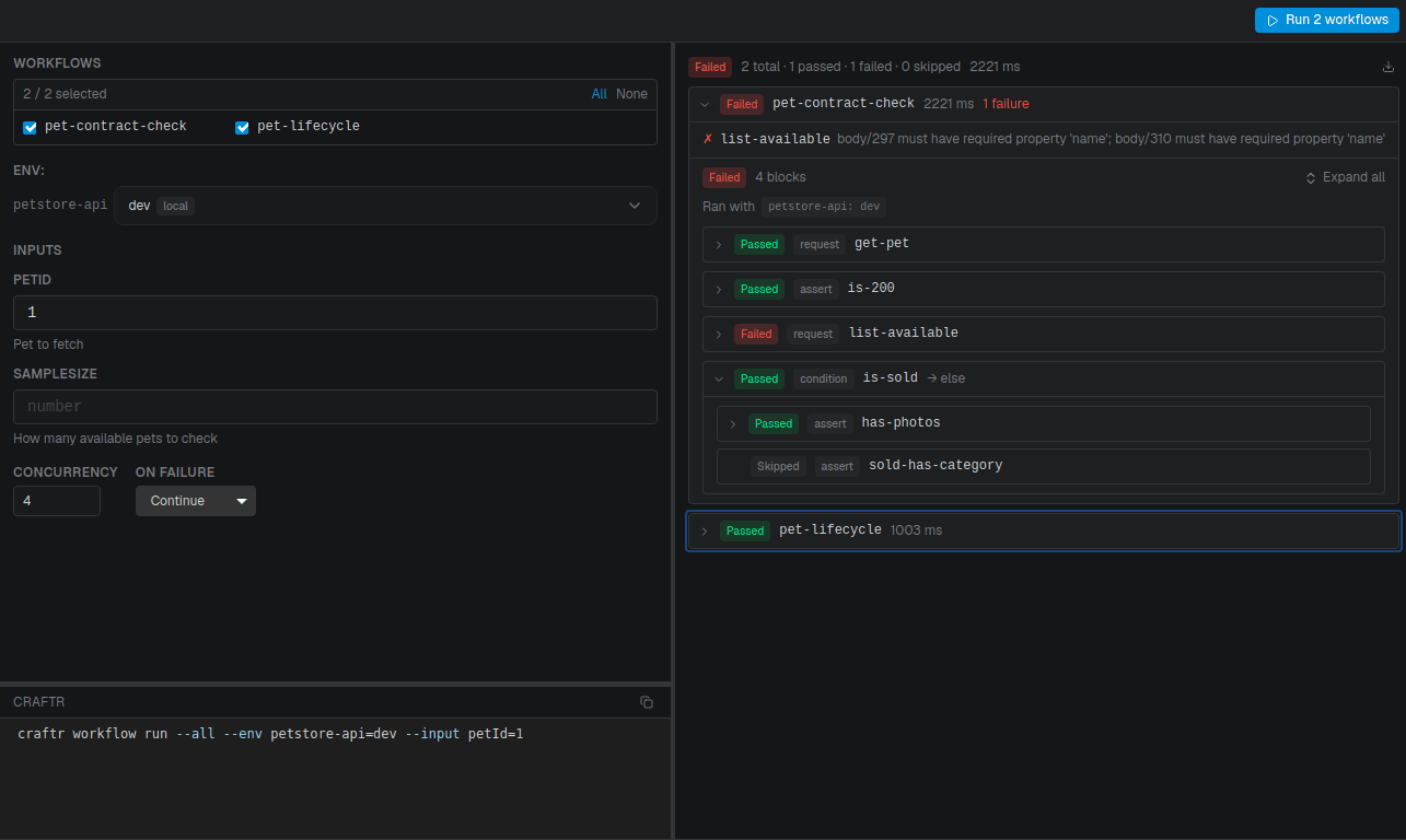 Workflow run panel: selected workflows, environment bindings, and a pass/fail tree per block