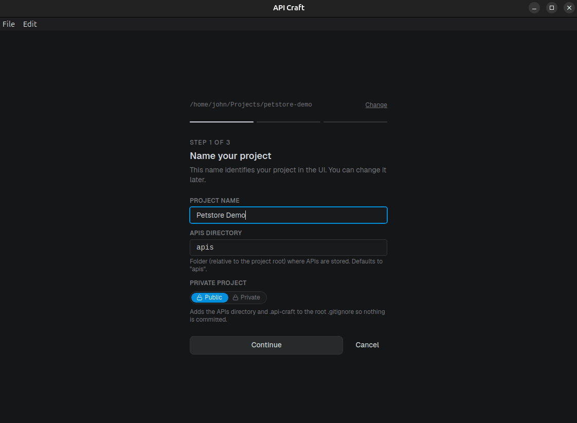 Creating a new project and choosing its folder