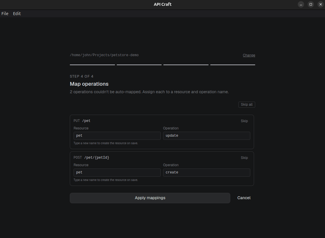New API wizard importing the spec and showing the resource/operation mapping