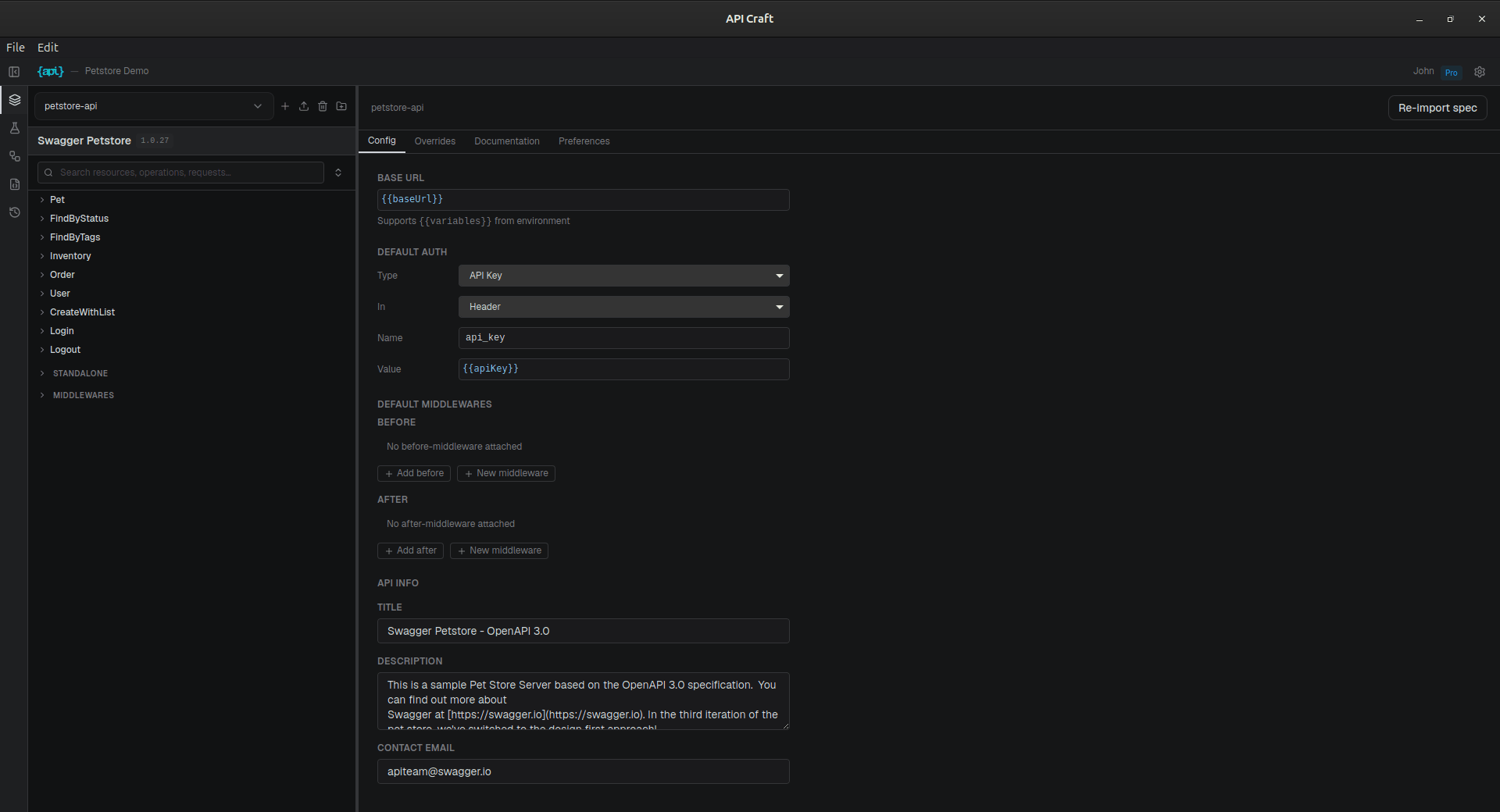 The API Config tab with the base URL set to {{baseUrl}} and default API-key auth