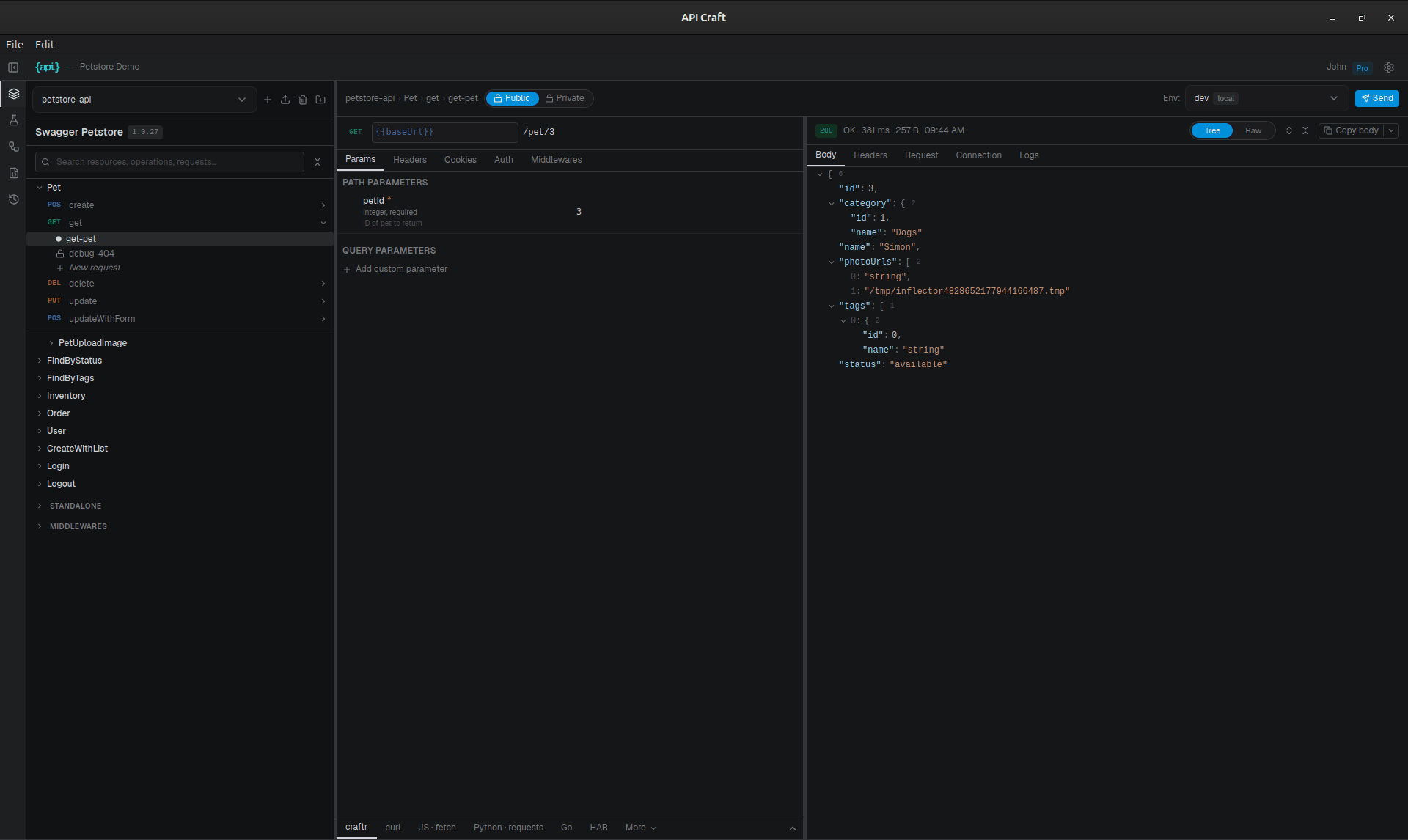 Running GET /pet/{petId} and viewing the response in the response panel